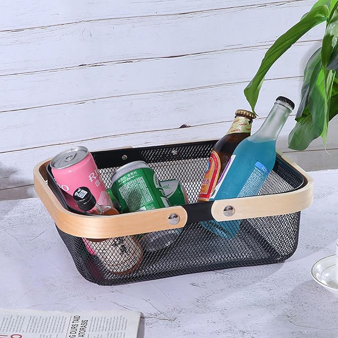 Metal Mesh Steel Basket, Storage Organizer Basket Garden Harvest Basket Multi-functional Kitchen Fruit Baskets Bin with Wooden Handle for Bathroom Picnic Shopping Decor Cabinet Home, Black