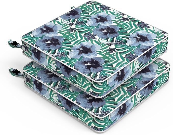 LVTXIII Patio Chair Cushions 22"x22"x3", Water-Repellent Outdoor Seat Cushions for Patio Furniture, Square Chair Pads with Ties for Home Garden Decoration, Set of 2, Blue Salmone Tropical