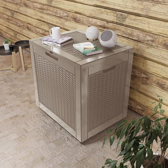 36 Gallon Outdoor Deck Box,Storage Lockable Waterproof Patio Furniture,Garden Tools,Cushions,Pool Accessories Outside Storage Resin Box(Grey Pattern)