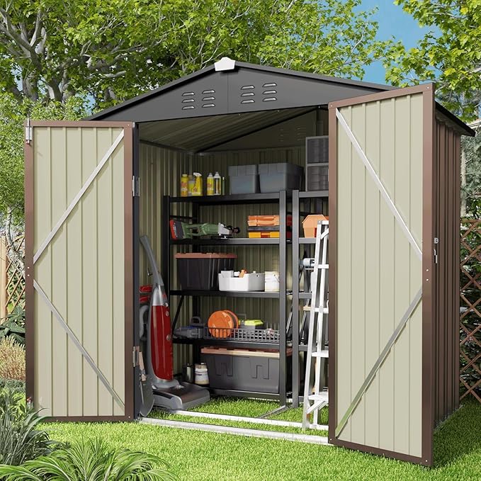 Gizoon Outdoor Storage Shed 6 x 4 FT, Galvanized Metal Garden Shed with Double Lockable Doors, Outdoor Storage Clearance for Backyard Patio Lawn-Light Brown
