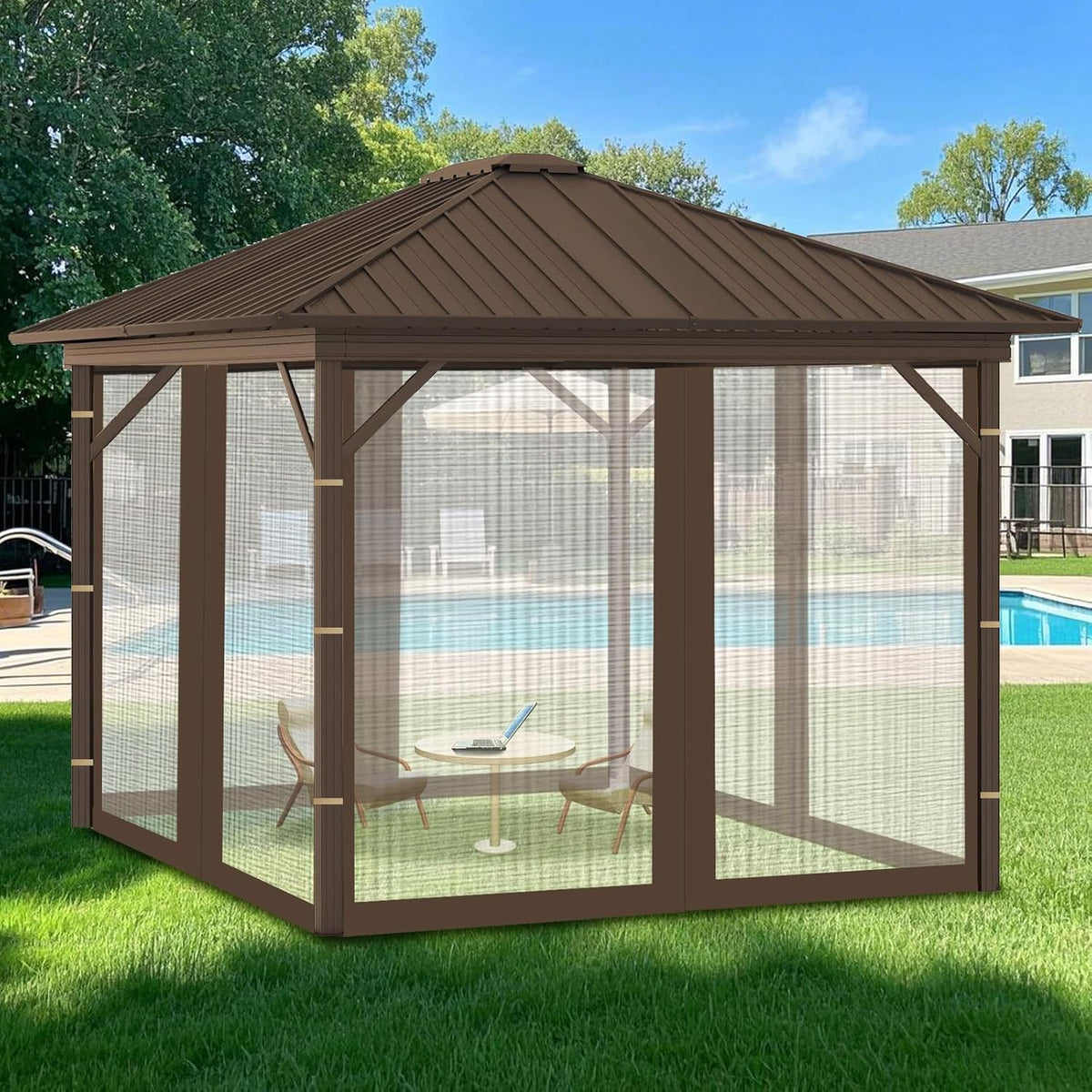 Replacement Gazebo Mosquito Netting 10' x 10',Universal Netting for Canopy Tent,4-Panel with Zipper for Outdoor Patio,Backyard (Mosquito Net Only,Brown)