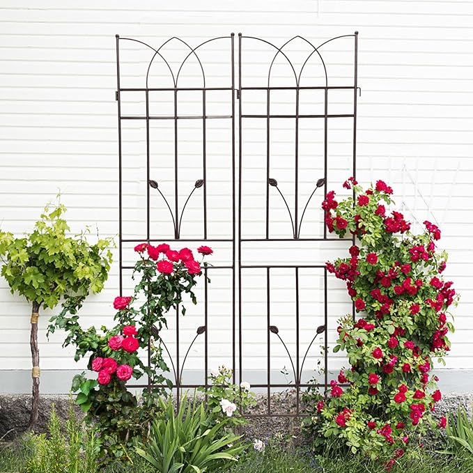 4 Pack Metal Garden Trellis 71" Black Fence Rustproof Garden Trellis for Climbing Plants Support Roses Flower Outdoor Lawn, Brown
