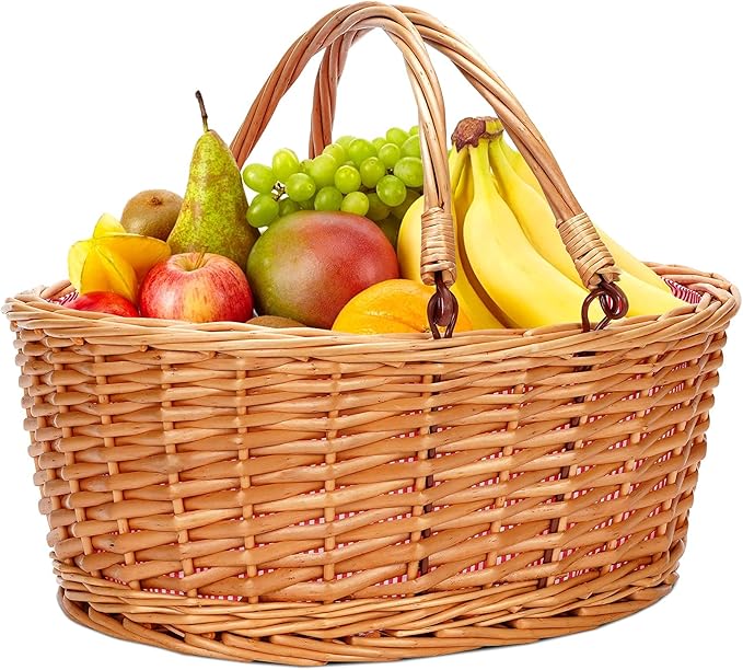 Wicker Picnic Basket with Double Folding Handles, Natural Large Willow Hamper Empty Basket Cheap Easter Eggs Candy Storage Wine Basket for Toy, Flower, Wedding（Red 16inch）