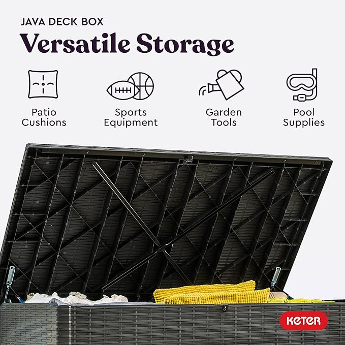 Keter Java XXL 230 Gallon Resin Rattan Look Large Outdoor Storage Deck Box for Patio Furniture Cushions, Pool Toys, and Garden Tools, Dark Grey