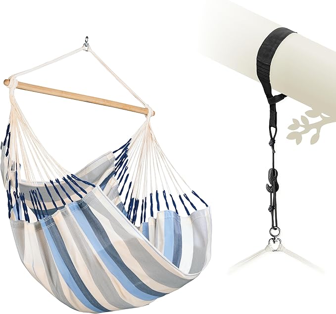 LA SIESTA® Large Comfort Domingo Hammock Chair Swing & Tree Mount Kit - Suspension Kit for Trees Beams Posts - Weatherproof, Outdoor Indoor Hammock Swing - Hanging Chair for Bedroom Patio - Sea Salt