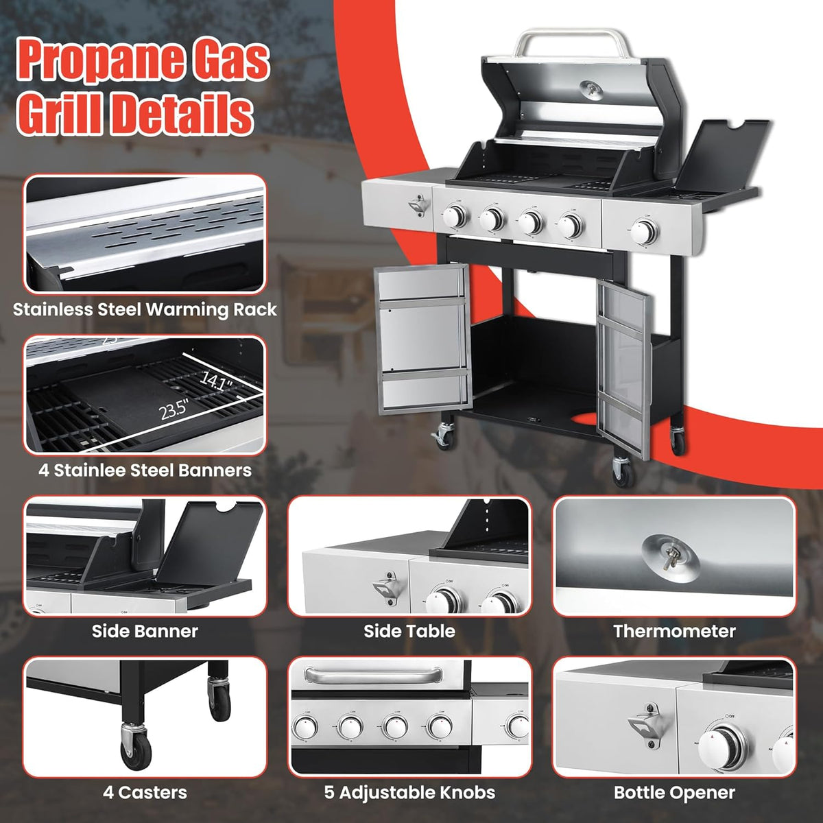 HYCHIKA 4-Burner Propane Grill with Sear & Side Burner, 46790 BTU Gas Grill with Griddle Pan & Enameled Cast Iron Grates, BBQ Grill with 439 Sq. In. Grilling Area for Outdoor, Patio, Backyard Babecue