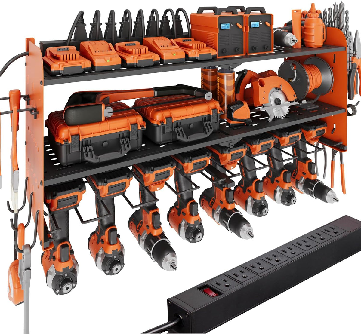 Suchtale Power Tool Organizer with Charging Station,33.2''Garage 8 Drill Holders Wall Mount,3 Layers Heavy Duty Metal Tool Shelf with 8 Outlets Power Strip, Gift for Men, Father, Orange