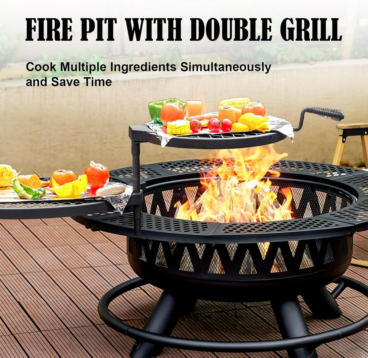36 Inch Fire Pit with 2 Grills, Large Outdoor Firepits for Outside, Wood Burning Fireplace for Camping,Picnic,Bonfire, 3-in-1 Round Metal Table with Lid for Backyard,Patio,Party