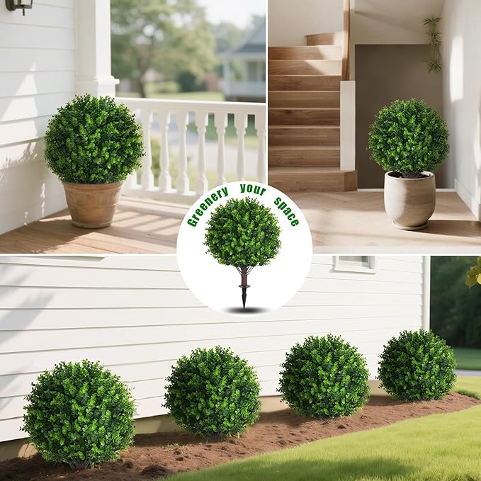 Artificial Eucalyptus Topiary Ball Trees with Ground Spike, Set of 2 UV Resistant Artificial Shrubs, Fake Evergreen Artificial Plant Bushes for Indoor Outdoor Front Porch Garden