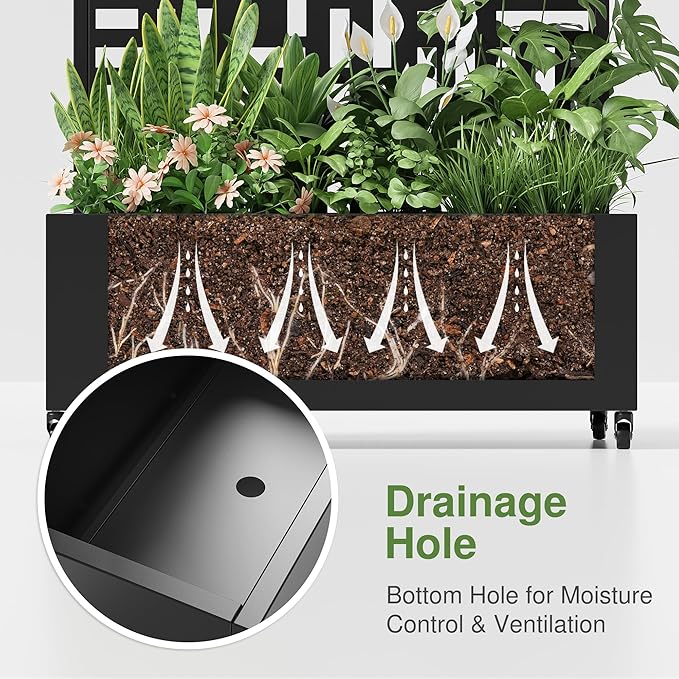 Casaphoria Metal Raised Garden Bed, 47"x24"x12" Planter Box for Climbing Plants, Vegetables & Vines, Features Drainage Holes and Privacy Screen (Black-Louvered)