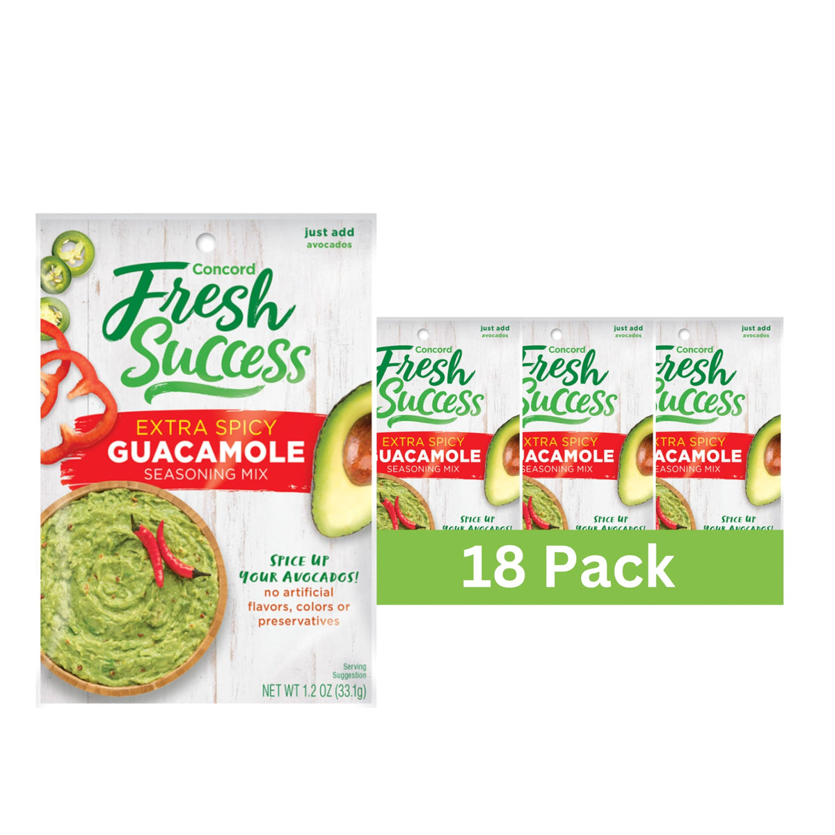 Concord Foods Extra Spicy Guacamole Mix: Bold Heat with Traditional Flavors - Perfect for Spicy Guac Enthusiasts! 1.2 Ounce (Pack of 18)