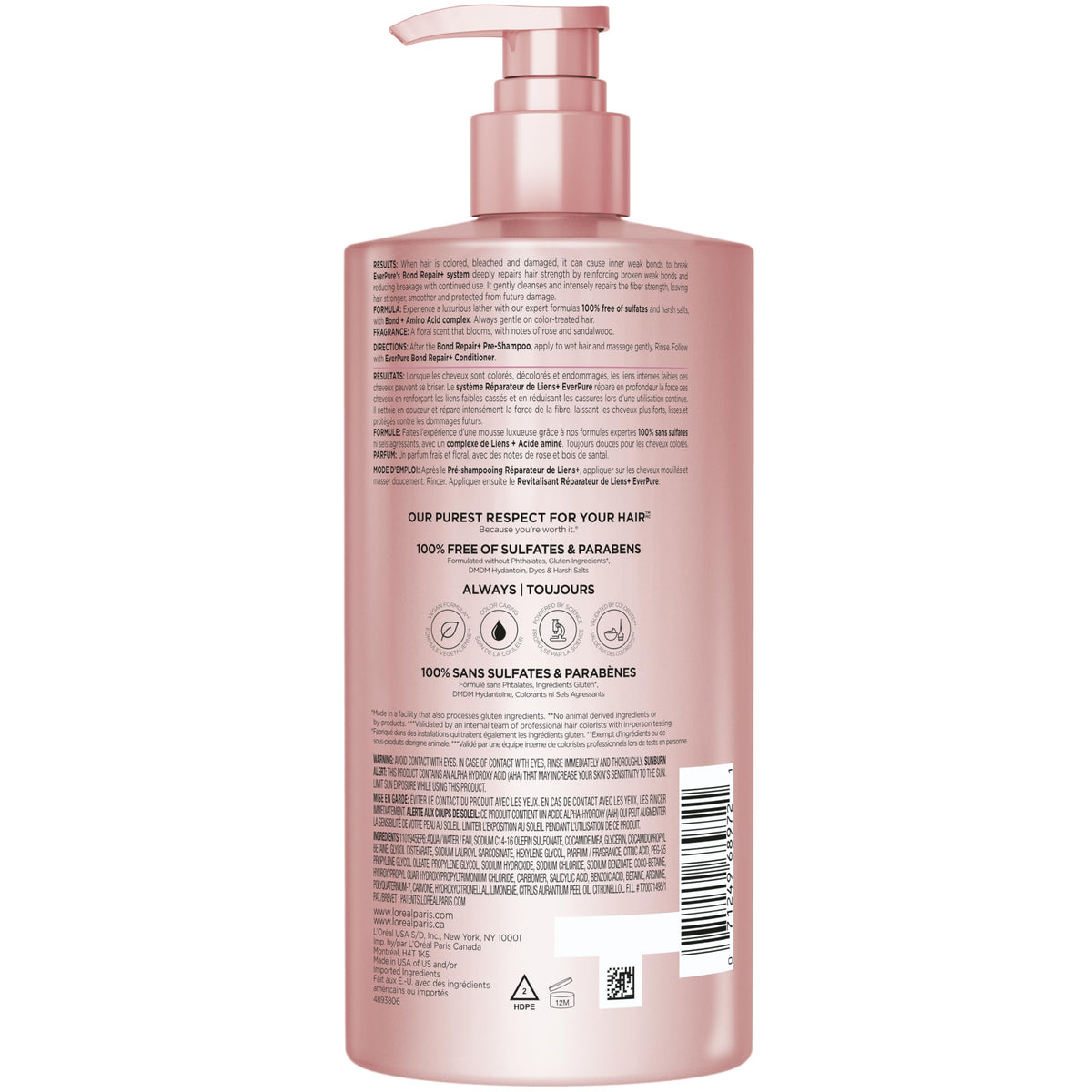 L'Oreal Paris Sulfate Free Bond Repair+ Shampoo, Hair Shampoo with Amino Acid Complex, Strengthens and Repairs Damaged or Color Treated Hair, EverPure, 23 Fl Oz (Packaging May Vary)