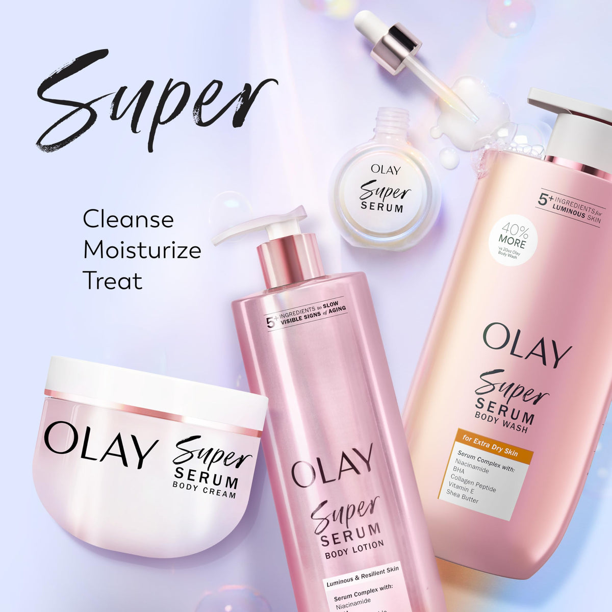 Olay Super Serum Body Wash for Extra Dry Skin, 24hr Long Lasting Rich Hydration, 5+ Ingredient Complex for Bright, Even, Firm, & Luminous Skin, with Collagen Peptide, Vitamin C & Shea Butter, 28 fl oz