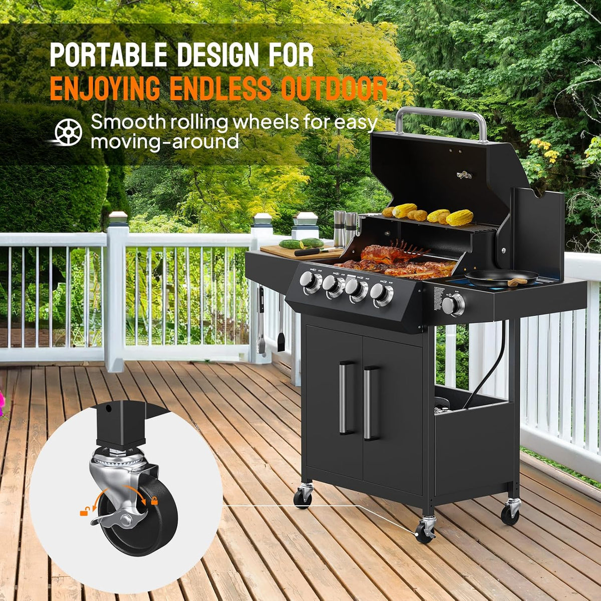 ROVSUN 4 Burner Propane Gas Grill with Side Burner, 58,000BTU BBQ Grills with Enameled Cast Iron Grates, Shelf & Cabinet for Outdoor Garden Patio Backyard Barbecue Cooking