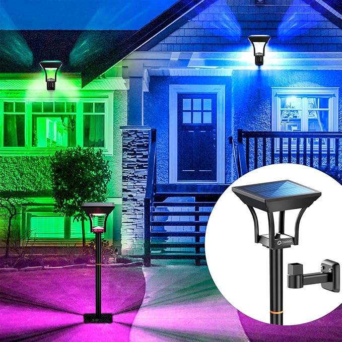 CINOTON RGBW Solar Landscape Pathway Outdoor Lights with 3 Lighting Modes, IP65 Waterproof LED Solar Powered Wall Lights for Garden Yard Lawn Path Driveway Pool Backyard Warm White & Multicolor 4 Pack