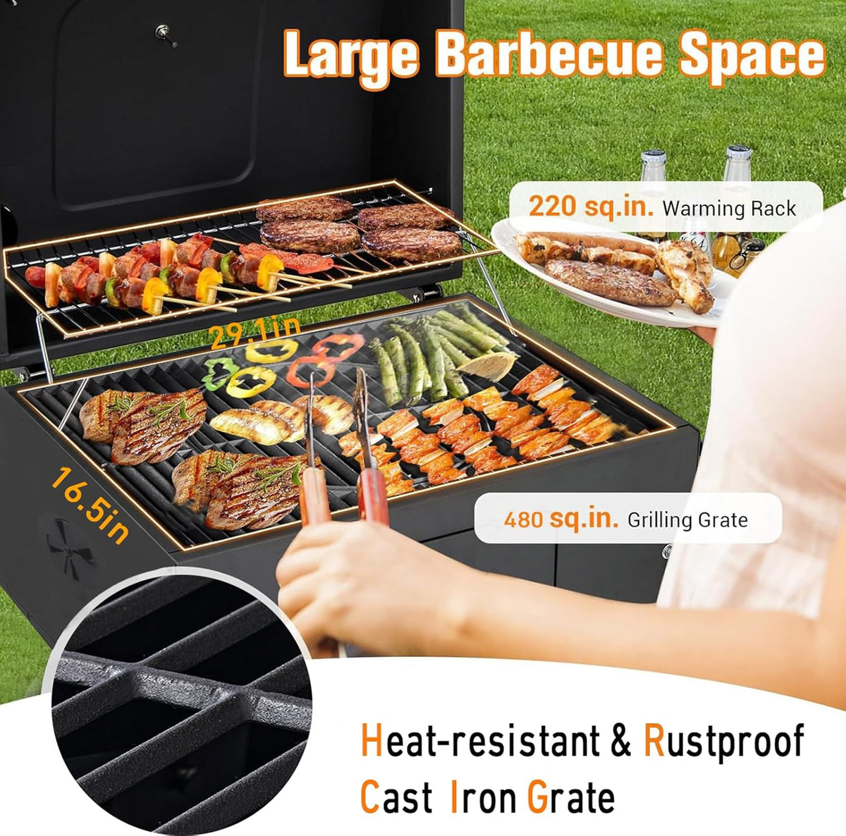 Built In Grill, 29-Inch Oversize Cooking Area Charcoal Grill, Electric rotating grill fork and Height-adjustable Charcoal Trays Outdoor Kitchen,Perfect for Outdoor Patio (Charcoal barbecue grill kit)