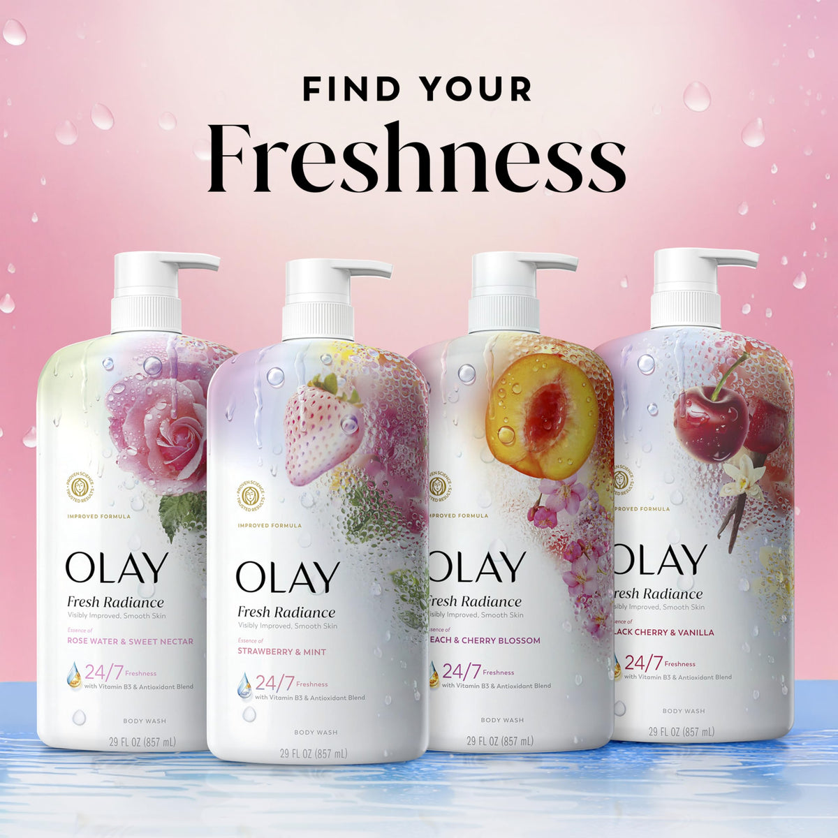 Olay Body Wash for Women, Fresh Radiance, 24/7 Skin-Loving Freshness, Visibly Radiant, Plant Based Cleansers, Vitamin B3 & Antioxidant Blend, For All Skin Types, Strawberry & Mint Scent, 29 fl oz