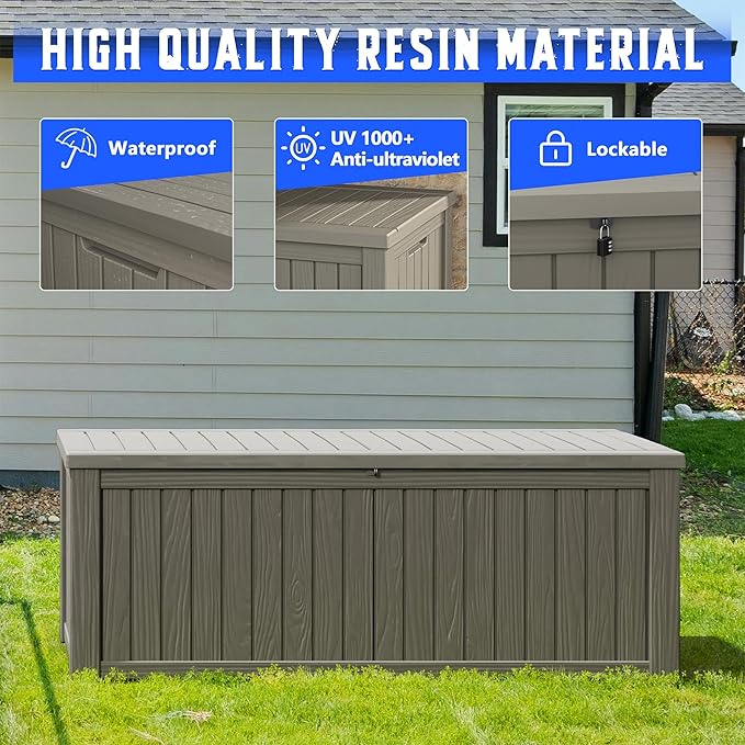 NUNU LAB 180 Gallon Outdoor Storage Box,Large Resin Sturdy Deck Box, Backyard Outside Storage Box Waterproof with Double Wall Panels,Package Delivery Garden Hose Storage Bin Outdoor Tool,Grey