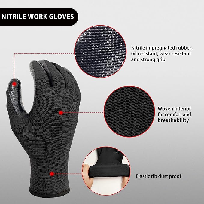 Evridwear Work Gloves with Grip Rubber Coated for Men Women Warehouse Mechanic,12 Pairs Bulk