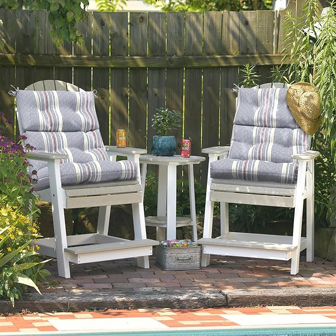 LVTXIII Outdoor Tufted High Back Cushions Set of 2 Patio Seasonal Replacement Rocking Chair Cushion with Ties, Solid Seat and Back Chair Cushion, (44” L x 22W”, Stripe Denim Blue)
