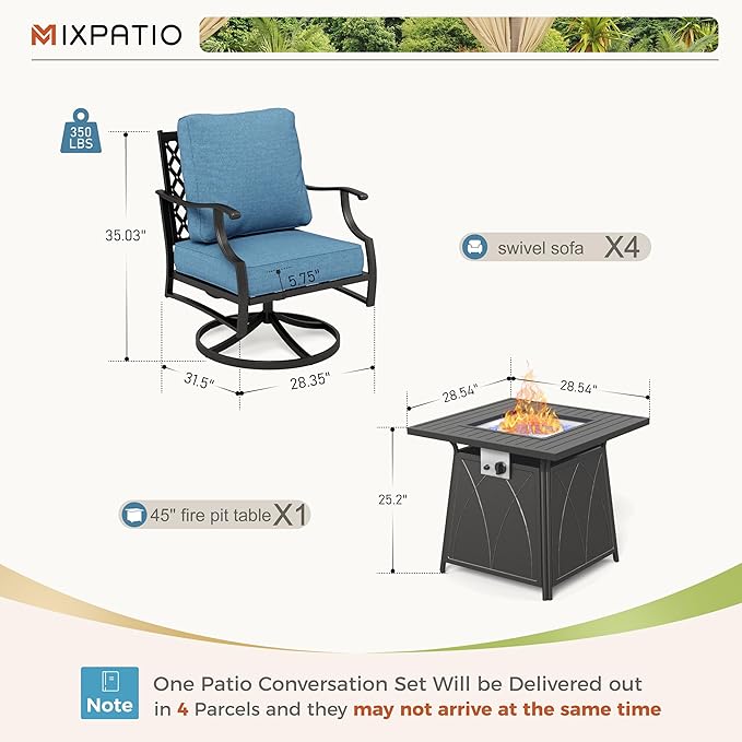 Patio Furniture Set with Fire Pit Table, 5 Pcs Metal Outdoor Conversation Set, 4 Swivel Chairs with 5.75" Extra Thick Cushion and 28" Fire Pit Table for Backyard Deck, Navy Blue