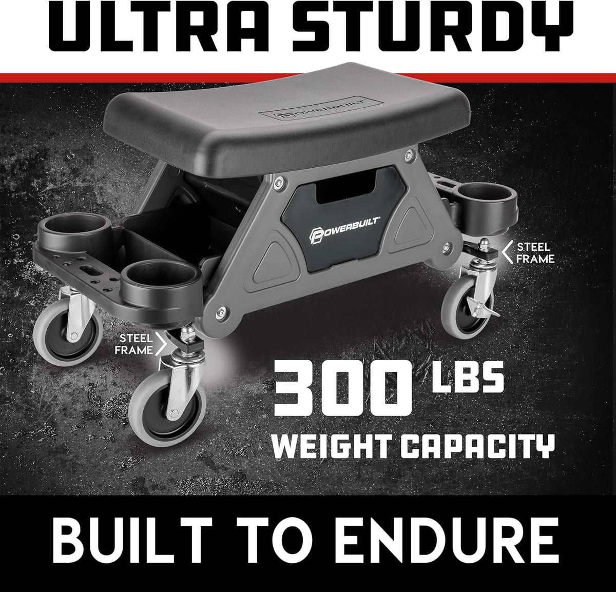 Powerbuilt Heavy-Duty Utility Rolling Seat Upgraded with Padding, Sturdy Locked in Trays, Premium Wheels for Garage Work - Grey 642924ECE