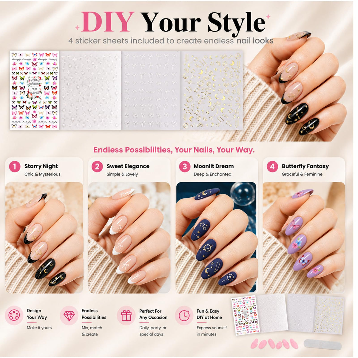 Beetles Press on Nails Kit- 720 Pcs Short Almond 24 Colors