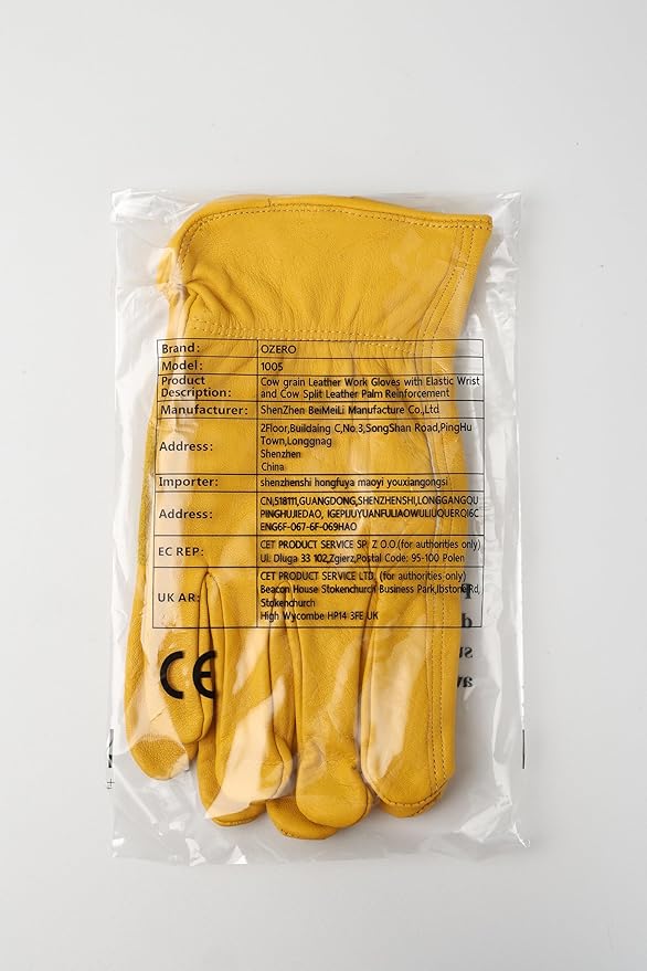 OZERO Leather Work Gloves Flex Grip Stretchable Tough Cowhide Work Gloves 1 Pair (Gold, Medium)