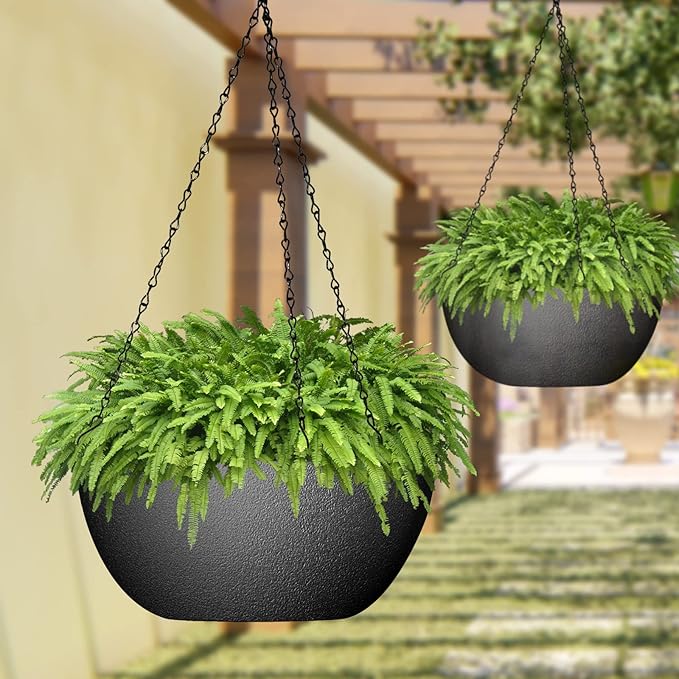 WOUSIWER 13 inch 2Pack Large Hanging Planters for Outdoor Indoor Plants with Drainage Holes and Chain, Round Hanging Flower Pots for Garden Home Porch Decor, Black