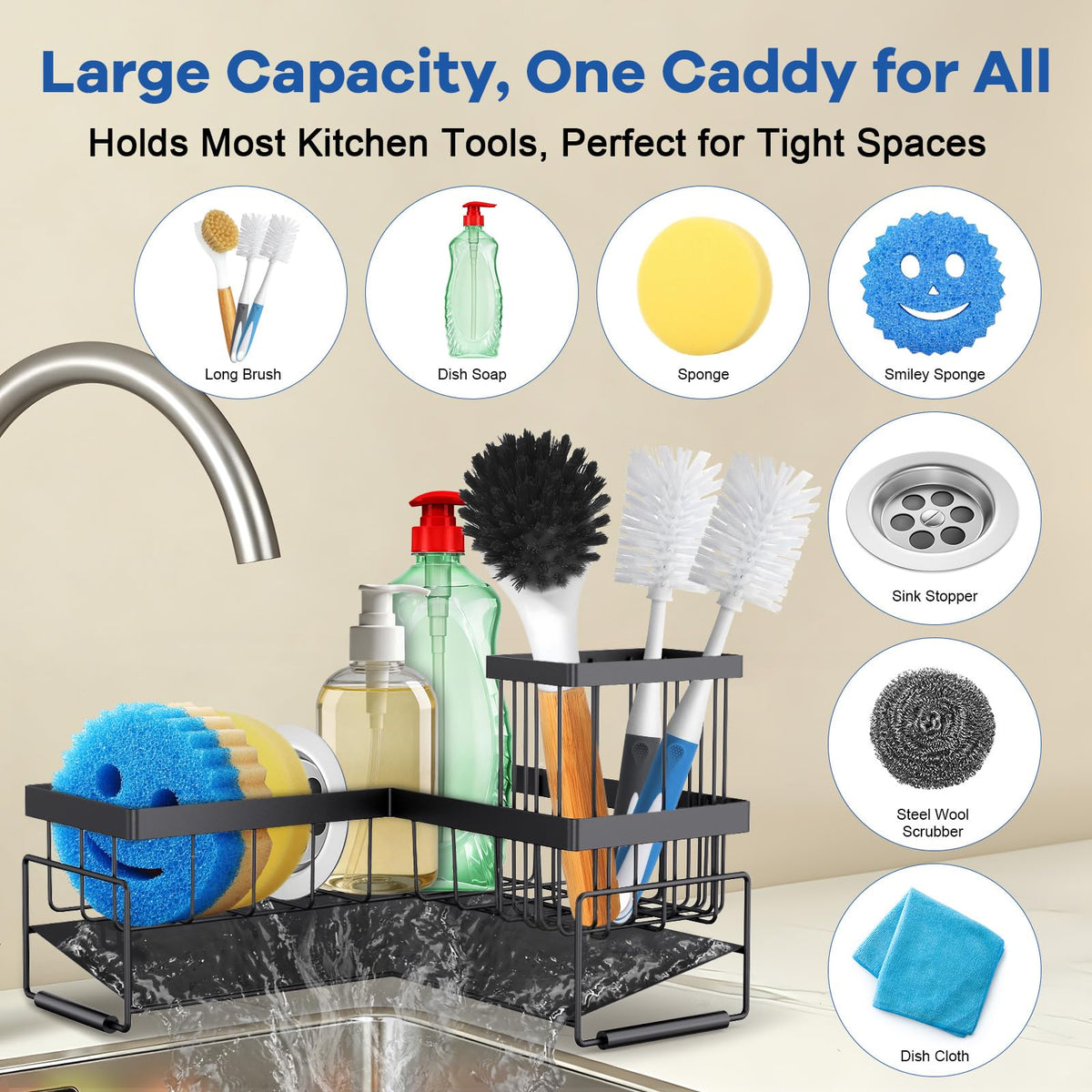 RealPlus Large Sponge Holder for Sink Caddy, 90° Kitchen Sink Organizer