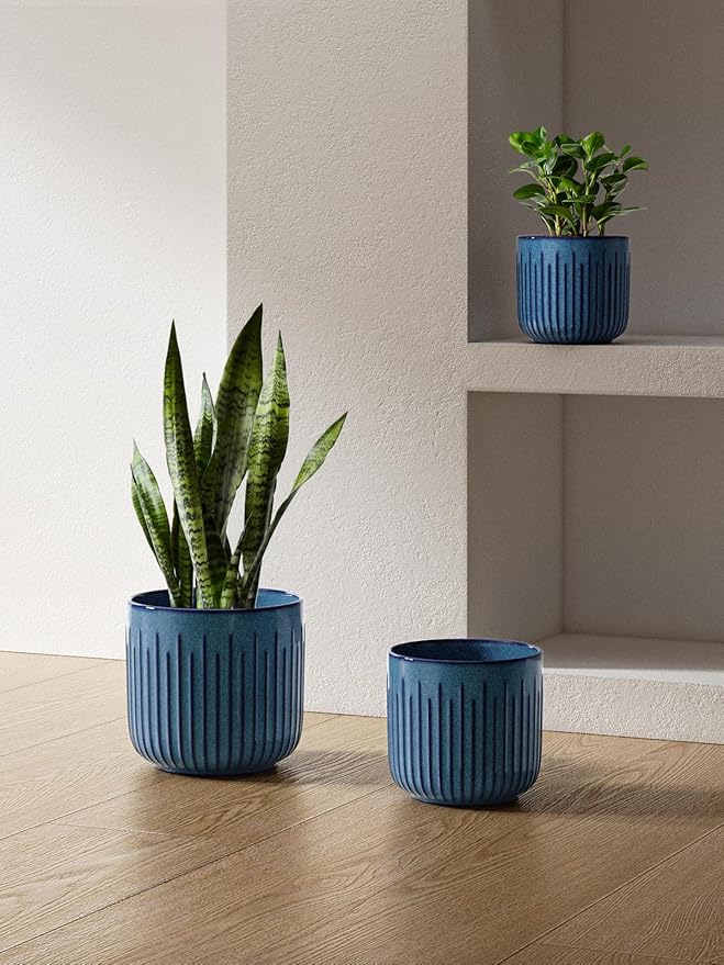 LE TAUCI Fluted Ceramic Planters Set of 3 – 8.3/7 / 5.7 in Ocean Blue Reactive Cylinder Indoor Plant Pots with Drainage Plug & Mesh, Glossy Stoneware Flower Pots for Succulents Herbs