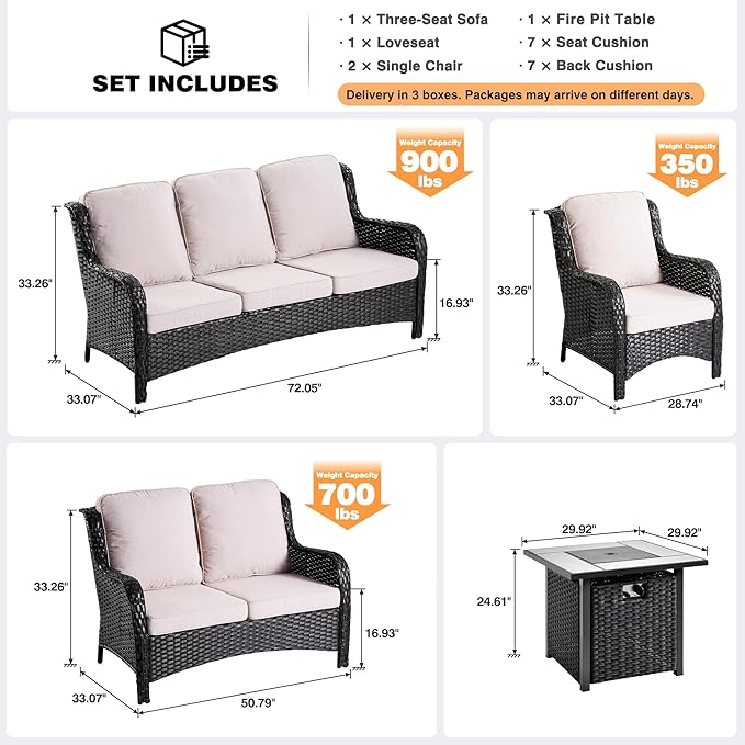 ovios 5 Pieces Patio Furniture Set with 30" Fire Pit Table, Outdoor Wicker Sofa with Loveseat, Comfy Cushions, High Back Couch Conversation Set, Brown Rattan, Beige