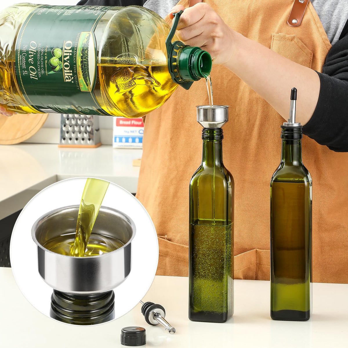 AOZITA 17oz Glass Olive Oil Bottle Dispenser - 500ml Green Oil and Vinegar Cruet with Pourers and Funnel - Olive Oil Carafe Decanter for Kitchen