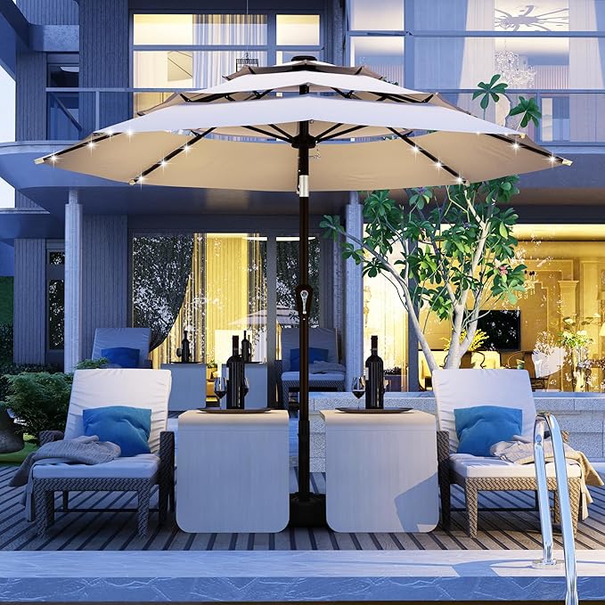 Kingdura 10ft 3-Tier Patio Umbrella with Solar Lights, Table Umbrella Outdoor Patio with Easy Crank & Tilt, 8 Sturdy Ribs, UV Protection, 32 LED Lights for Deck, Poolside, Market (Beige)