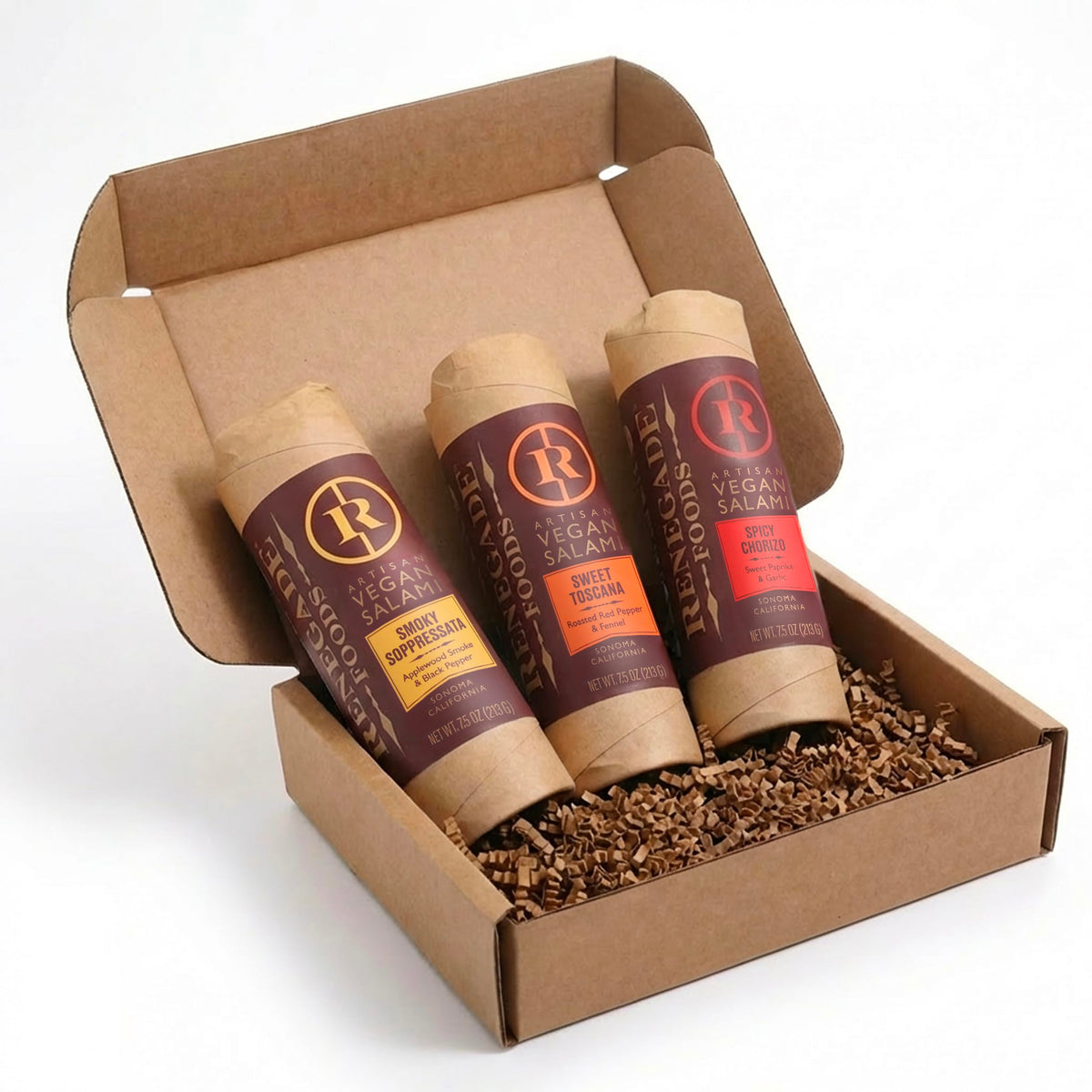 Renegade Foods Artisan Vegan Salami | 3 Pack | Smoky Soppressata, Sweet Toscana, Spicy Chorizo | High Protein, Low Sugar, Seitan, Non-GMO | 16 - 17g