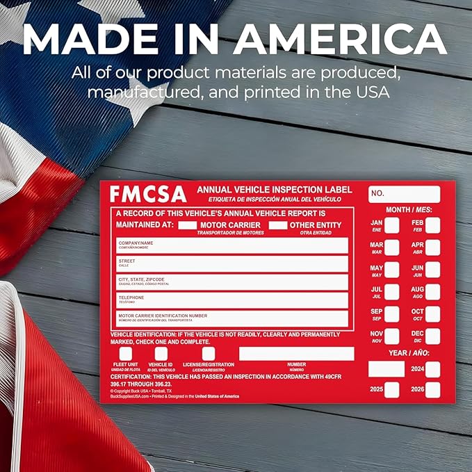 5 Pack Buck Aluminum Annual Vehicle Inspection Label with Punch Boxes, 2 Mil Red FMCSA Self Adhesive Sticker, DOT Compliant, Weatherproof, Tear Resistant, Easy to Write On, 6" x 3.5" - Made in USA