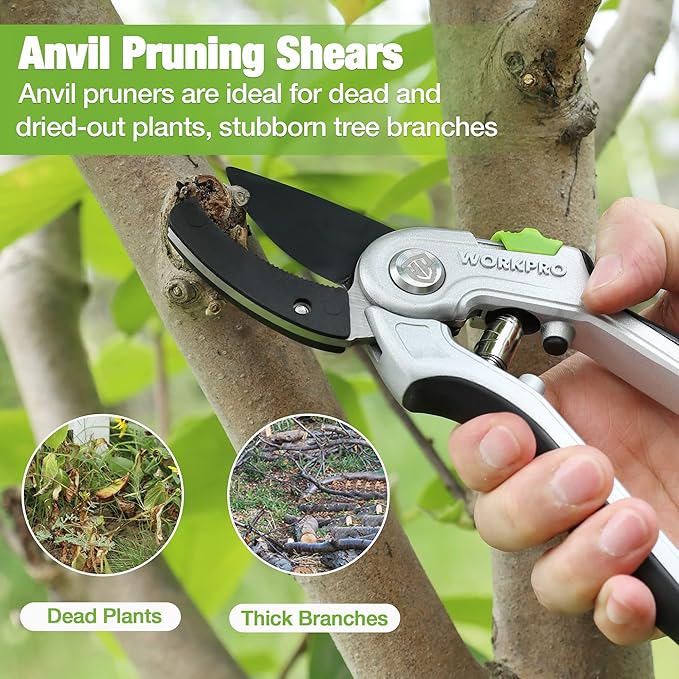 WORKPRO Garden Anvil Pruning Shears, 8" Pruning Scissors Heavy Duty with Ergonomically Design Handle, Labor-Saving Garden Clippers Hand Tools for Thick Dry branches and Dead Plants