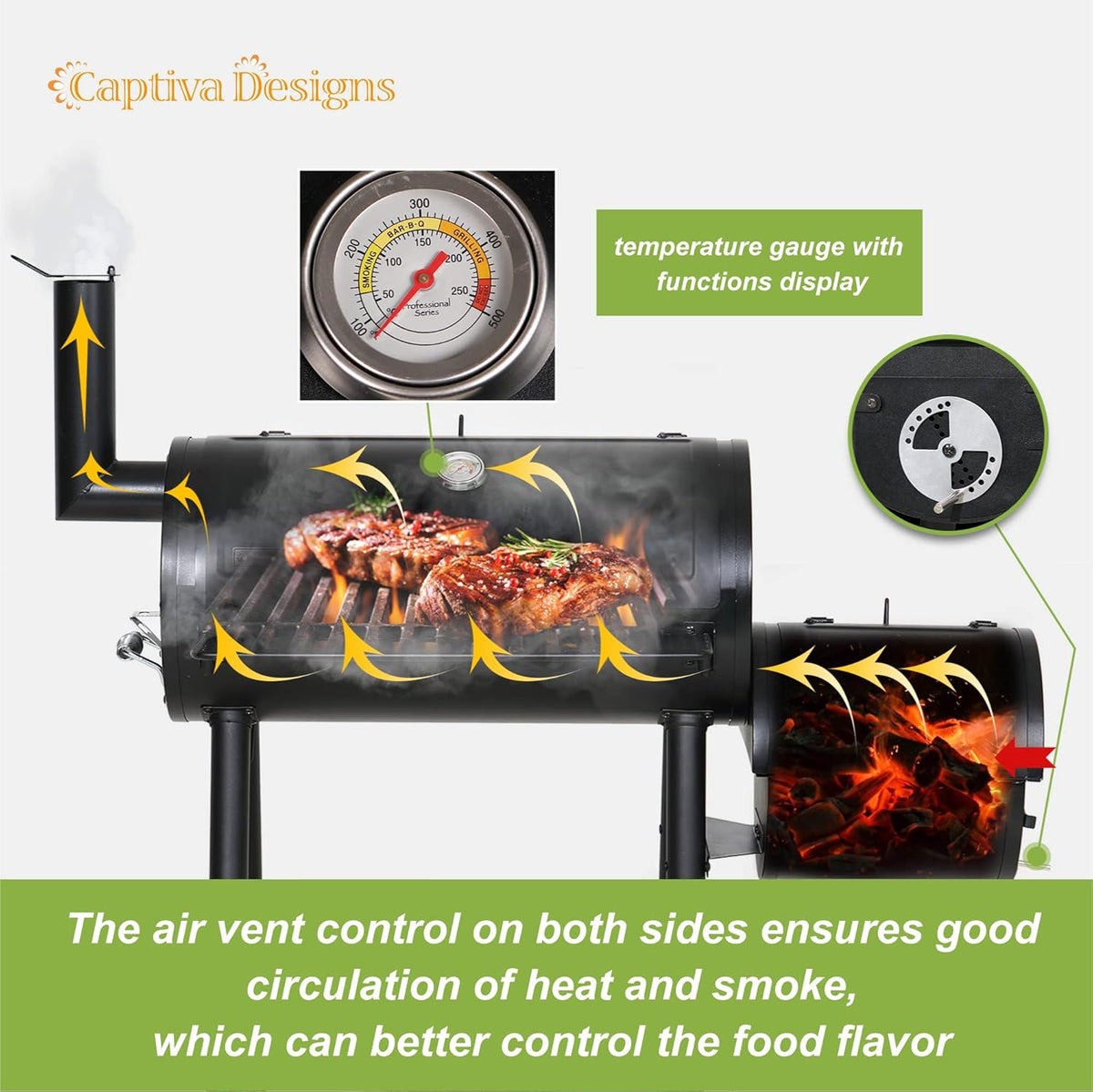 Captiva Designs Charcoal Grill with Offset Smoker, All Metal Steel Made Outdoor Smoker, 512 sq.in Cooking Area, Best Combo for Outdoor Garden Patio and Backyard Cooking