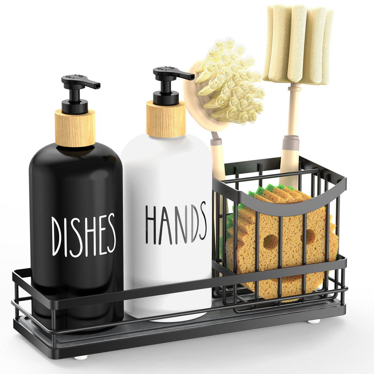 Moforoco Kitchen Dish Soap Dispenser Set, 16OZ Glass Bottle, Hand and Dish Soap Dispenser Set, Instant Dry Tray, Brush Holder with Smiley Face Sponge Holder (Universal Black Tray+Black&White Bottle)