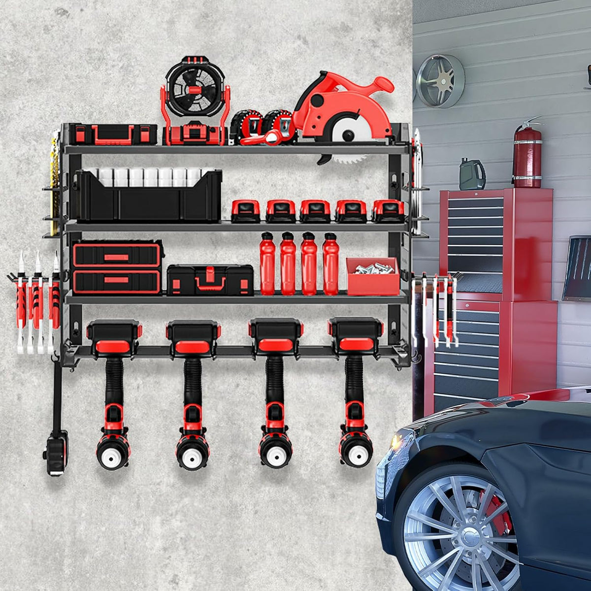 Power Tool Organizer Wall Mount, Metal Power Tool Storage Rack with Screwdriver Holder, Garage Tool Storage Shelves with Screwdriver Holder Plier Holder (Black, 4 Drills Holder)