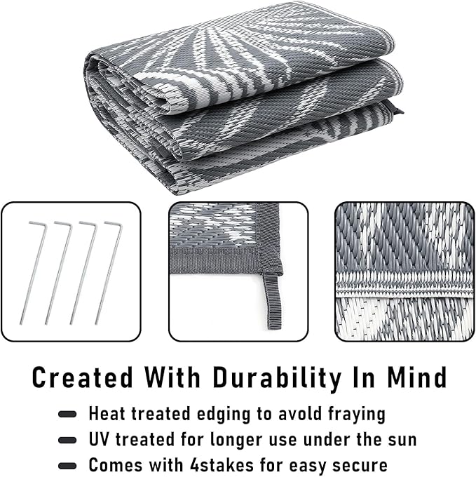 HiiARug Outdoor Reversible Plastic Straw Rug, 9'x12', Cool Gray, Large Patio Mat for RV, Backyard, Deck, Picnic, Beach, Trailer, Camping