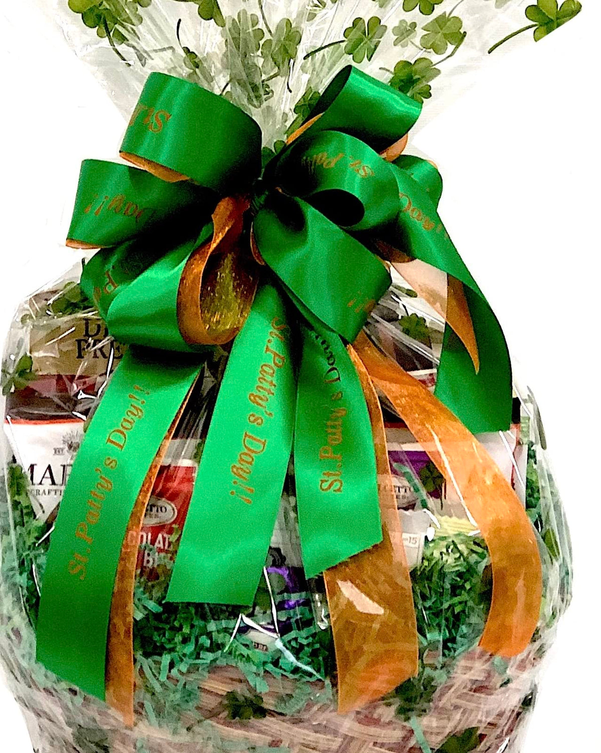St. Patrick’s Day Gift Basket with Chocolate, Candy & Snacks - 12 Inch Shamrock Wrapped Gift Basket - Irish Holiday Treats for Family, Friends
