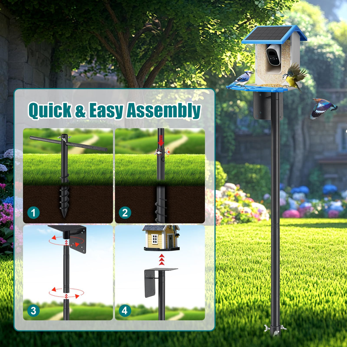cogardenshower Heavy Duty Bird Feeder Pole - 88" Adjustable Bird House Stand Outdoor, Anti-Tip Auger & Stable Mount for Smart Camera Birdfeeder,Bluebird House, Bird Buddy, Birdfy