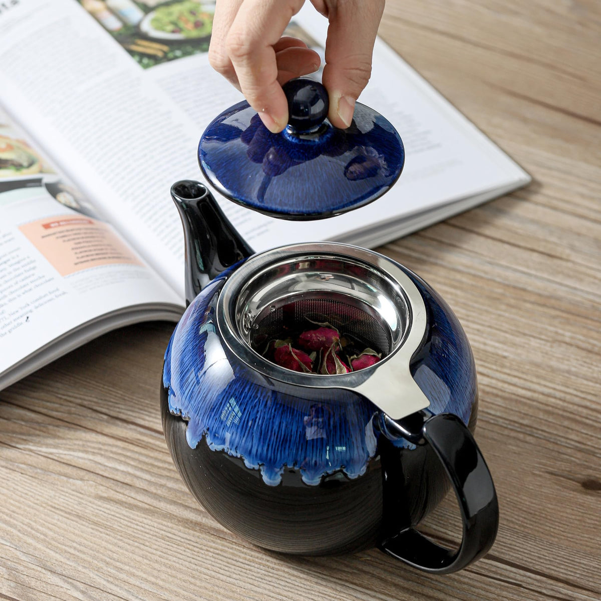 KOOV Tea Pot with Infuser for Loose Tea, 34OZ Ceramic Teapot with Infuser, Enough For 6 Cups, Tea Pots with Tea Strainers for Tea Party, Reactive Glaze (Nebula Blue)