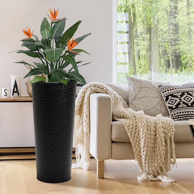 KOL 28" H. Tall Metal Cone Planters with Inside Pots 2-Pack, Black Hand-Hammered Large Decor Planter for Deck, Patio, Porch - Handcrafted Flower Pot - with Water Level Indicator - Indoor Outdoor Use