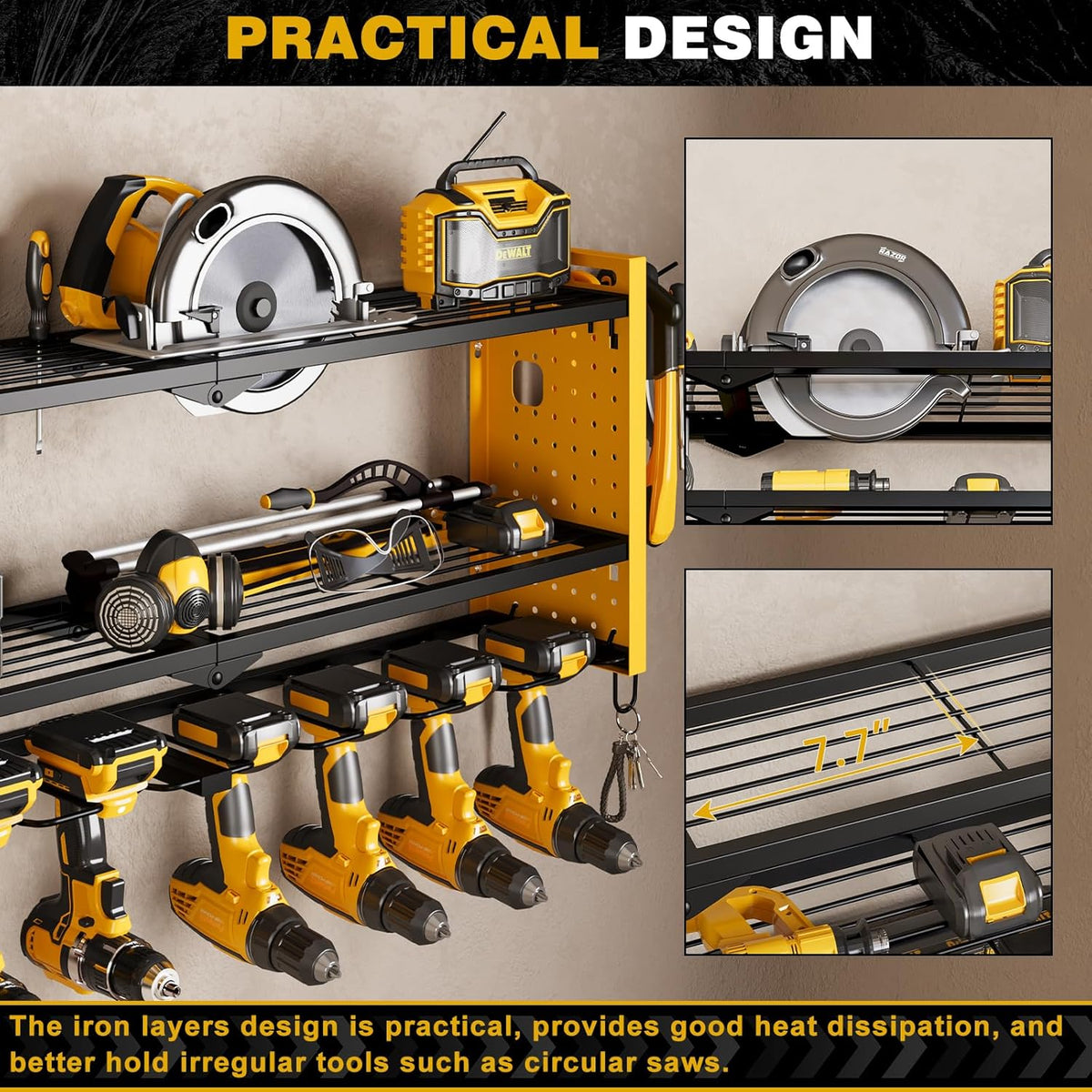 Power Tool Organizer Wall Mount,Cordless Drill Hanger Storage Rack 8 Drill Holder,3 Layers Heavy Duty Power Tool Storage Rack(Yellow)