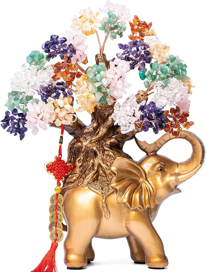 7 Chakra Crystal Money Tree on Gold Elephant Statue, 17”Large Gemstone Bonsai Tree of Life Home Décor Gifts for Wealth Positive Energy, Feng Shui Décor