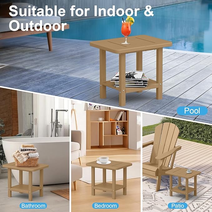 Outdoor Side Table - 2-Tier Storage All Weather Outdoor End Table for Patio - HDPE Morden Easy Maintenance Adirondack Side Table for Pool Porch Balcony Garden Lawn Backyard Outside Indoor