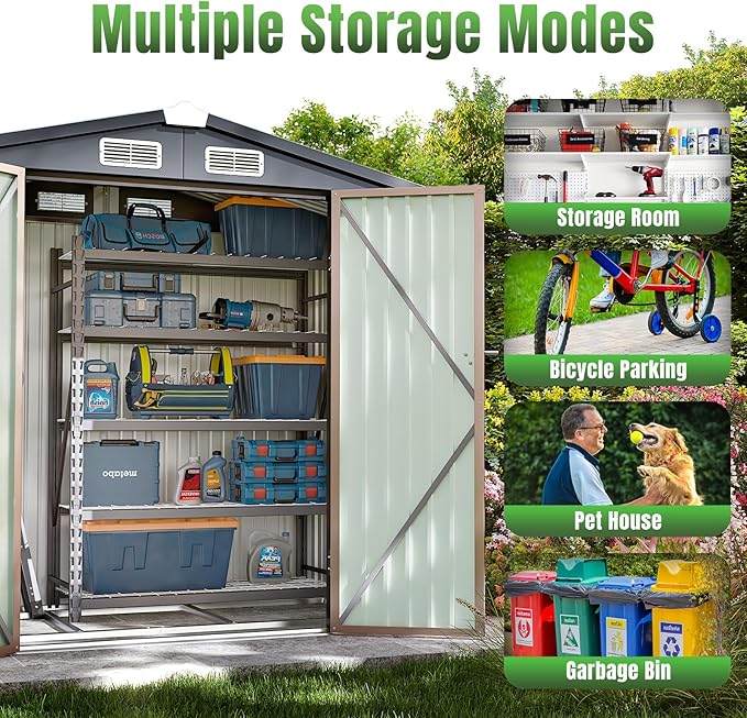 Aoxun 6'x4' Outdoor Storage Shed with Base Galvanized Steel Metal Garden Shed for Patio, Lawn & Garden(Brown, 6' x 4'W/Base)
