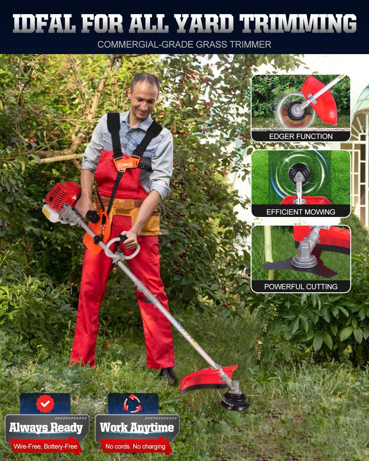 52cc Gas Powered Weed Eater and Brush Cutter 3-in-1, Heavy Duty Straight Shaft String Trimmer with Harness and 2 Heads for Tough Weeds, Grass, and Land Clearing (PT6080)
